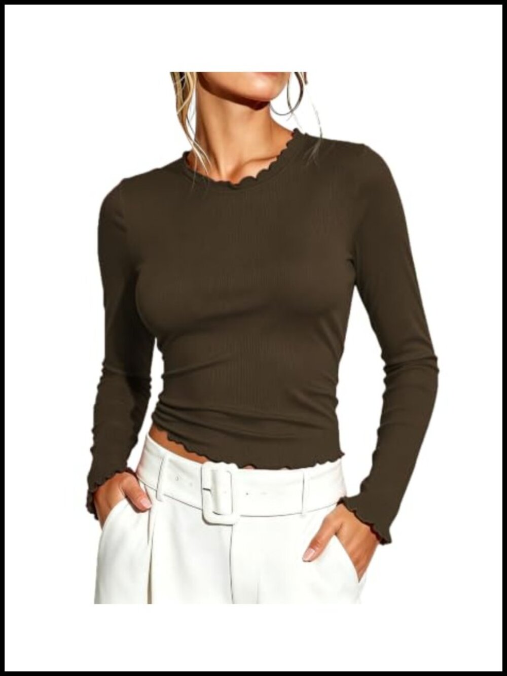 Women Slim Fit Ruffle Long Sleeve Crew Neck Ribbed Knit Top
